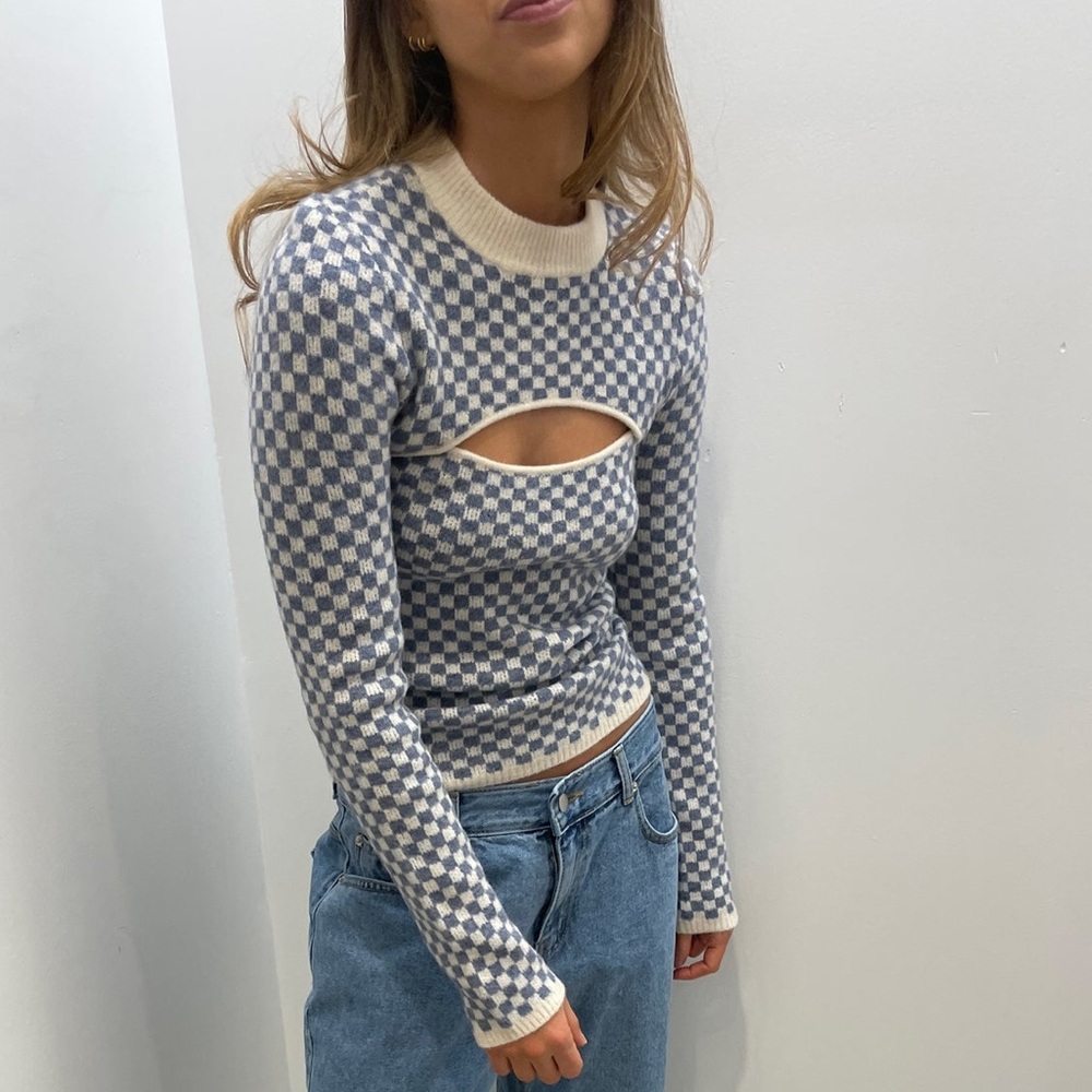 Oak + Fort Checkered Sweater with Front Cut-Out
